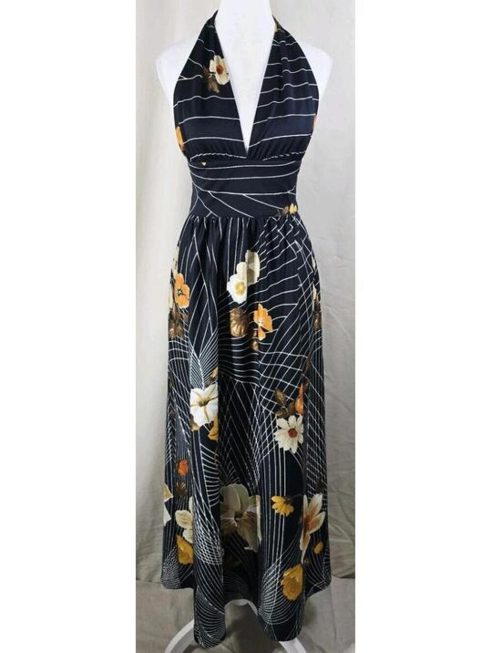 Lapidus of Sweden Halter Neck Maxi Dress Size 12 Black Floral Stripe Excellent